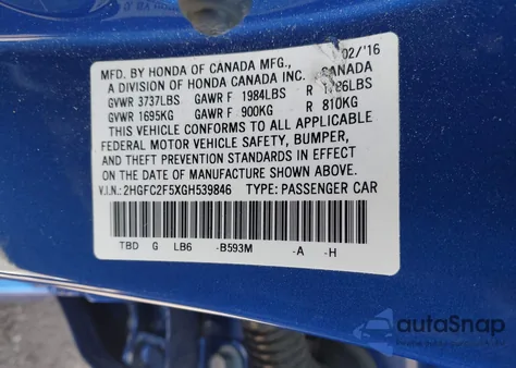 2016 Honda Civic Lx from USA, damaged, VIN 2HGFC2F5XGH539846
